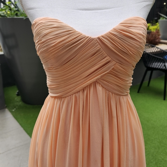 DONNA MORGAN Tube Dress | Coral Strapless 100% Silk Cinched Top Chiffon Mini - Picture 5 of 17